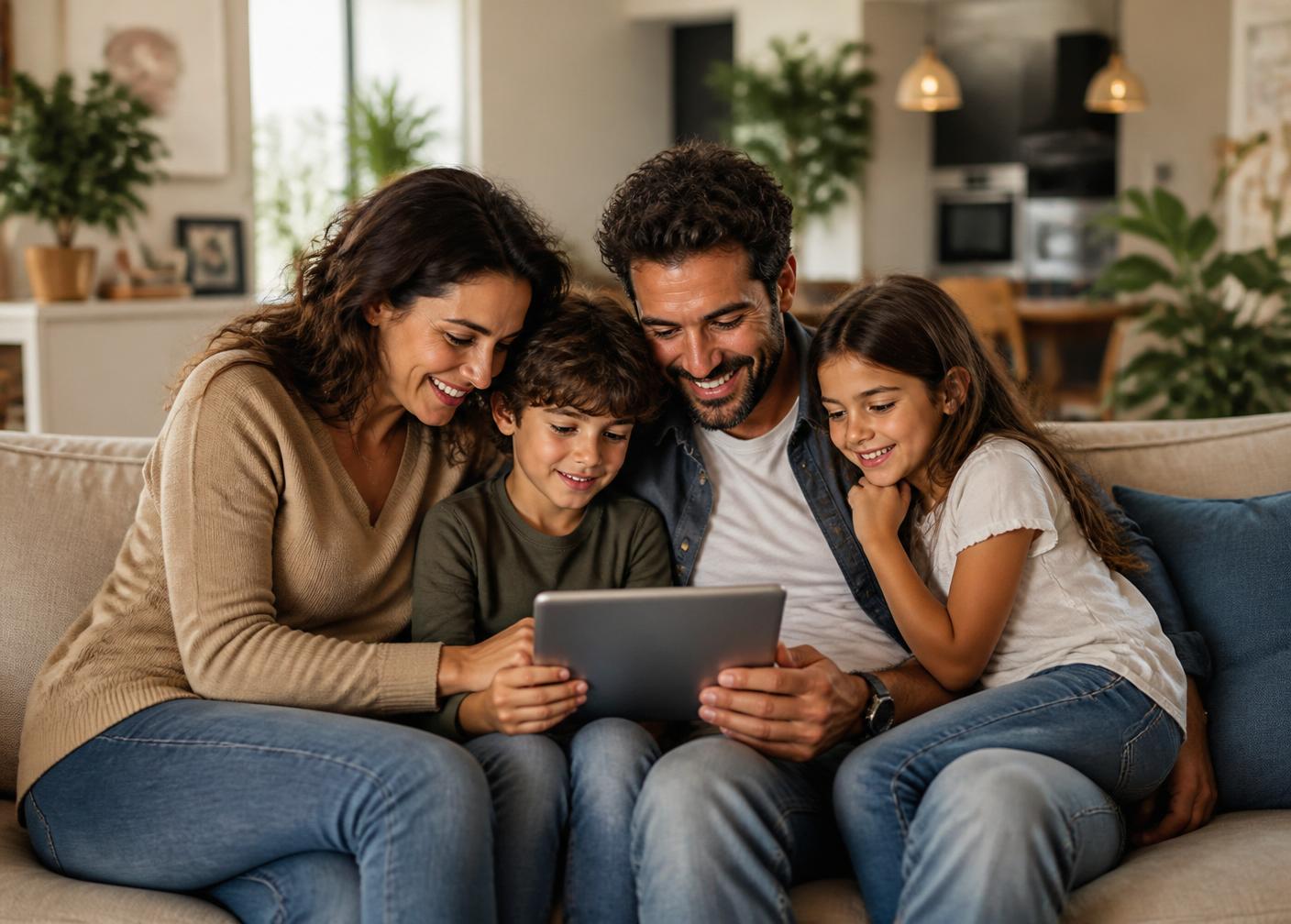 Famiglia che utilizza buoni pasto digitali e crediti welfare