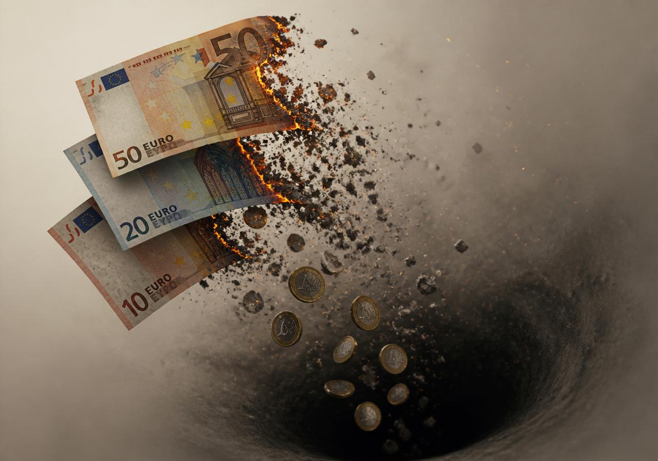 Banconote in euro che bruciano e monete che cadono nel vuoto: rappresentazione delle risorse perse quando non si adotta il welfare aziendale